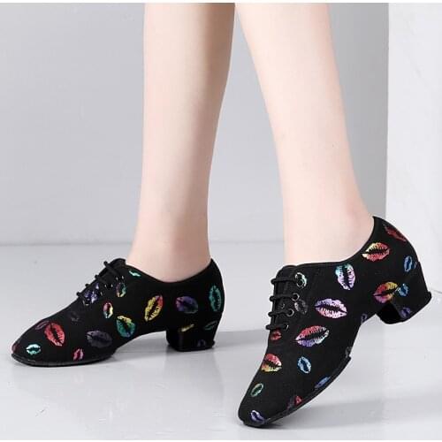USHINE EU26-40 Black Color Lips Ballroom Dancing Shoes Latin American Rhinestones Ballet BD Latin Shoes Children Girls Woman