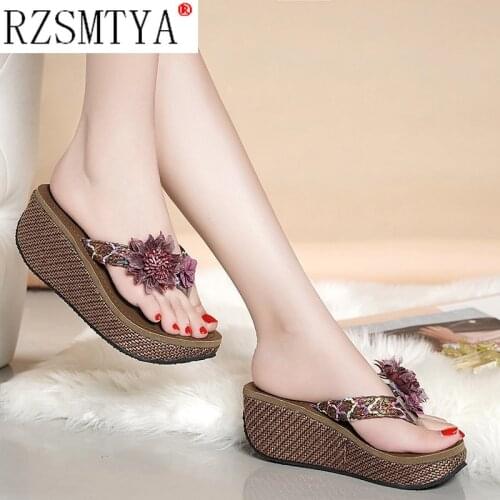 High Heel Women Wedge Non-Slip Outdoor Slipper Summer Beach Shoes Female Floral Flip-Flop Bohemian String Bead Lady Sandals