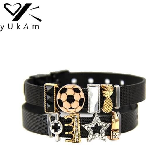 YUKAM Sliders Jewelry Crystal Stars Crown Medical Cross Pineapple Football Soccer Slide Charms Keeper for Mesh Bracelets Making