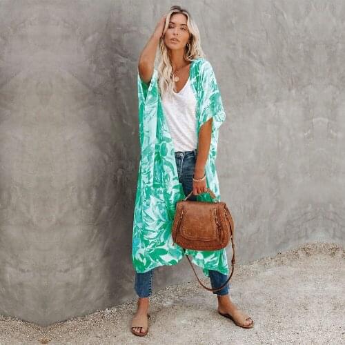 Green Boho Leaves Printed Chiffon Tunic Plus Size Sexy Beach Wear Kimono Clothing For Women Kaftan Tunic Beach Cover up A819