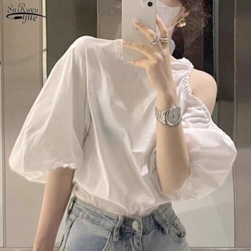 Chic Off Shoulder Blouse Women Summer 2021 Fashion Hollow Puff Sleeve Womens Shirt O Neck Loose Fashion White Lady Tops 15577