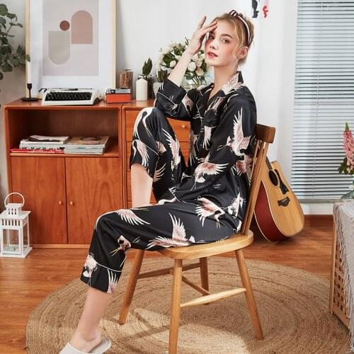 Women pyjamas 2 Piece Sets Sleepwear Silk Satin Pajamas Long Sleeve Turndown collar Suit Home New Style Nightwear