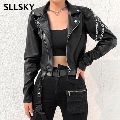Sllsky Faux Leather Cropped Jacket Women Punk Harajuku Black Coat Woman Gothic Long Sleeve Overcoat With Chains 2020 Spring