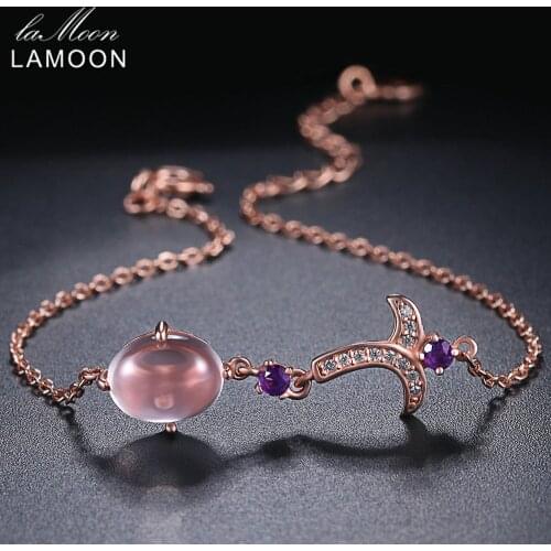 LAMOON S925 Bracelet For Women 10X0.8mm 100% Natural Oval Pink Rose Quartz 925 Sterling Silver Fine Jewelry LMHI051