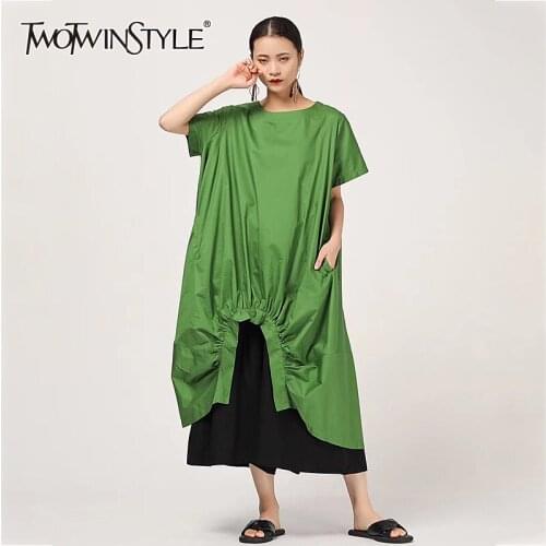TWOTWINSTYLE Loose Drawstring Dress For Women O Neck Short Sleeve Irregular Hem Casual Black Dresses Female Fashion New Summer