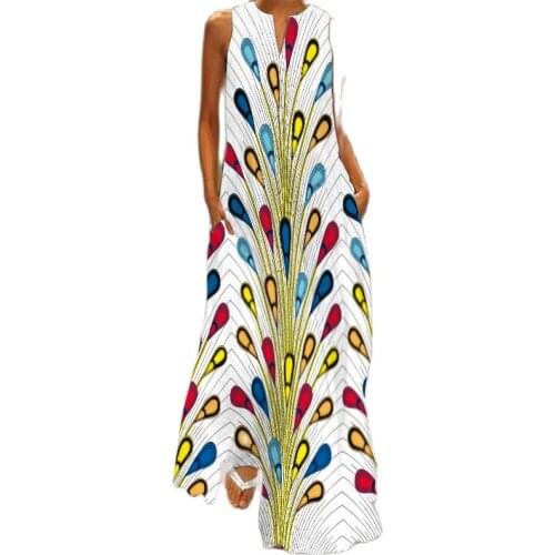 Summer Vintage Woman Long Dress 2021 Women Clothes V Neck Casual Feather Print Dresses Sleeveless Girl Beach Maxi Dress Vestidos