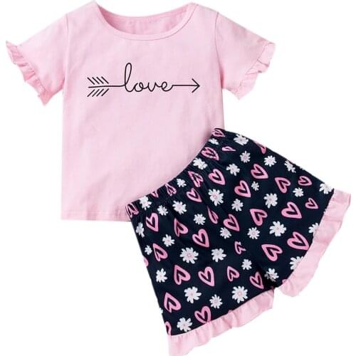 2021 New Kids Baby Girls 2-piece Outfit Set Short Sleeve Letter Print Tops+Heart Print Shorts Set
