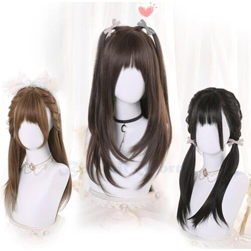 3 Colors Black Brown Lolita Wig Women Harajuku 55cm Long Straight Hair Cute Bangs Adult Chic Girls Cosplay Daily Wear
