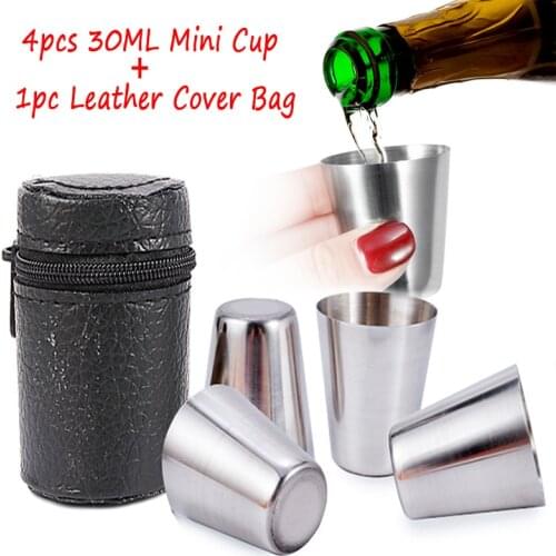 4Pcs/set Polished 30ML Mini Stainless Steel Shot Glass Cup Wine Drinking Glasses with Leather Cover Bag for Home Kitchen Bar