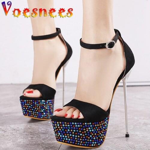 Cover Heel Color Chain Sandals Black Flock Platform Sexy Pole Dancing Super Thin High Heel Shoes Peep Toe Party Rome Women Shoes