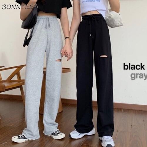 Wide Leg Pants Women Chic Hole Harajuku Simple Black High Waist Summer Ladies Streetwear Trendy Friends Girls Full Length Pant