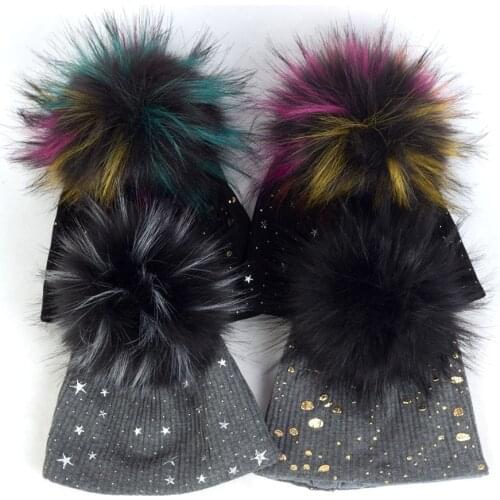 Newborn Cotton Ribbed Beanies Cut Star Print Striped Hats Gold Splatter Paint Hat With Faux Fur Pom Pom Baby Girls Unisex Caps