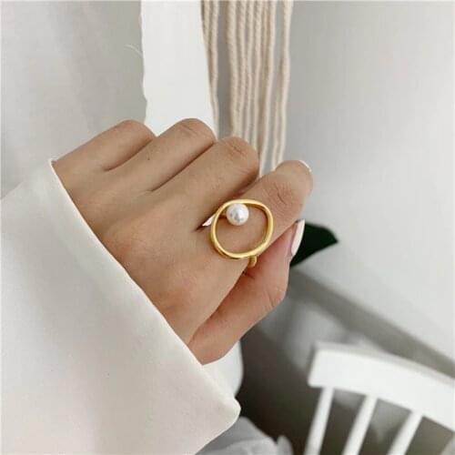 2019 New Style, elegant, simple imitation of Pearl, round ring, hollow, geometric, lady, chic design, party, jewelry, gift ring