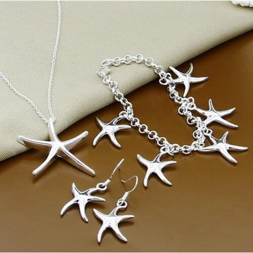 Silver 925 Sets For Women Romantic Starfish Pendant Necklace Earring Bracelet Jewelry Set Valentine Gift