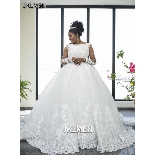 Long Sleeves Lace Applique Pearls Tulle Wedding Dresses Bridal Ball Gown for Black Woman