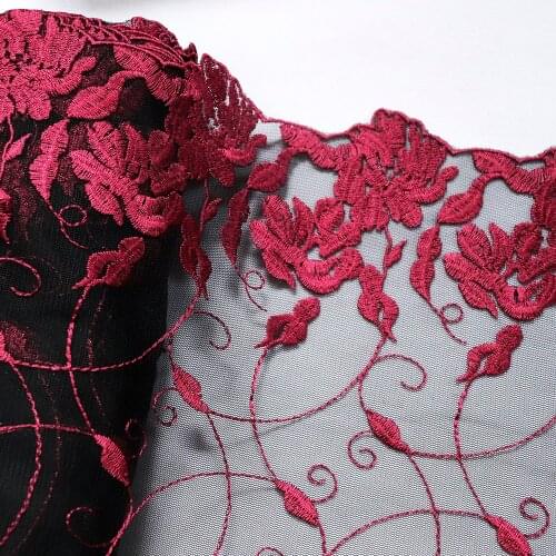 1Meter 23.3CM Width Red Flower Embroidered Lace Trim Black Mesh Lingerie Bra Underwear Handmade Dolls Dress Sewing Fabric Craft