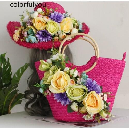 Fashion Women Summer Flowers Straw Large Tote Bag Beach Casual Ring Wood Handle Handbag Handmade Basket Storage Shopping Bags