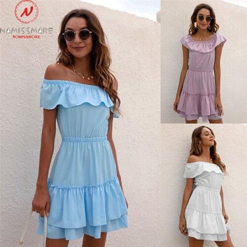 Fashion Women Summer Solid Color A-Line Dress Patchwork Design Ruffles Decor Off Shoulder Slash Neck Short Sleeve Slim Dress