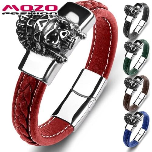 MOZO FASHION 2021 Charm Indian Personality Skeleton Multi Color Men Stainless Steel Bracelets Genuine Leather Jewelry Gifts 126