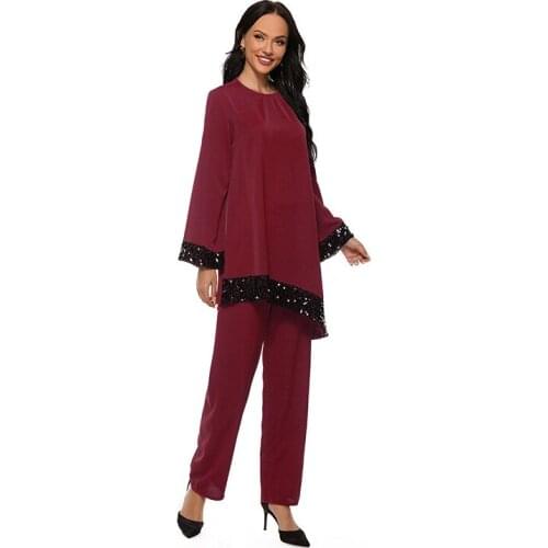 Turkey Muslim Dress Two Piece Sets Tops and Pants Women Abaya Sequins UAE Ramadan Moroccan Kaftan Islamic Clothing Dresses Sets