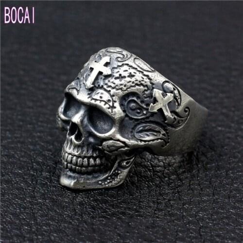 BOCAI 2019 new 100% S925 pure silver skull ring man Thai silver mens ring handmade cross ghost head male models domineering