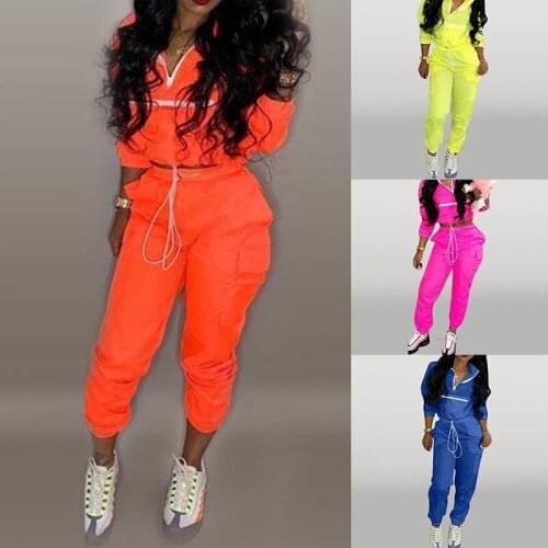 2020 New Fashion Two-Piece Set Women Solid Color Casual Suit Top And Pants Zipper Drawstring Pullover Thin Long Sleeve Suit