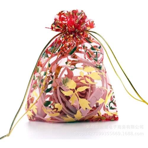 New Hot 100 pcs/lot Rose Organza Bags (11X16cm) Cute Drawstring Gift Bag Wedding Sachet Storage Charms Jewelry Packaging Bags