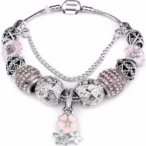 New European Antique Pink Rhinestone Charms Handmade Bracelet fit P Bracelets & Bangles For Women