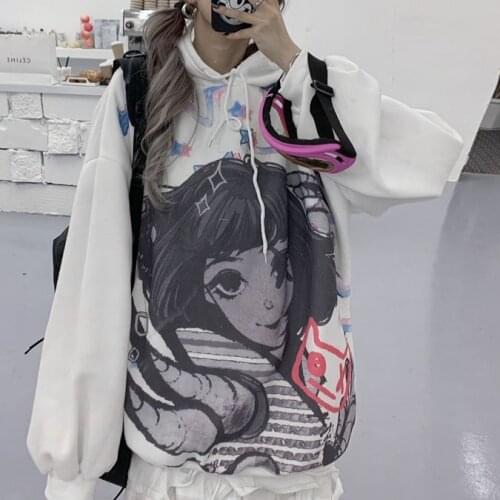 Autumn WomenS Hooded Sweatshirt Plush Oversized Streetwear Kawaii Gothic Anime Print Harajuku Clothes Beautiful Pullover