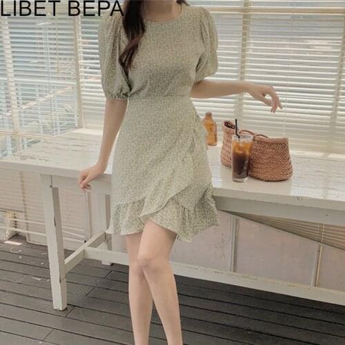 2021 New Summer Women Dresses High Waist Print Floral Lace Up Draped Ruffle Casual Irregular Chiffon Vintage Mini Dress DR3381