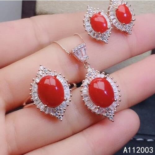 KJJEAXCMY Fine Jewelry 925 sterling silver inlaid natural red coral ring pendant earring set elegant supports test