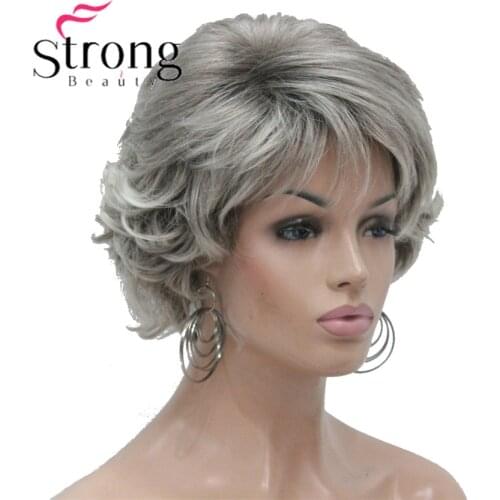 StrongBeauty Soft Tousled Curls Wig Short Grey Mix Full Synthetic Wigs COLOUR CHOICES