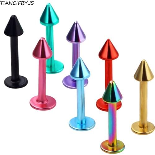 TIANCIFBYJS Anodized Stainless Steel Labret Rings 16g Cone And Ball Lip Stud Bar Ear Barbell Body Piercing Jewelry Mix 8 Colors