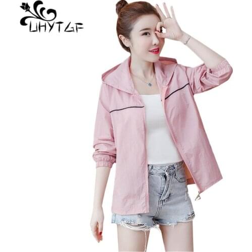 UHYTGF 2020 Cute girl summer tops jacket Anti-UV breathable Outdoor thin sun protection clothing Hooded women plus size coat1569
