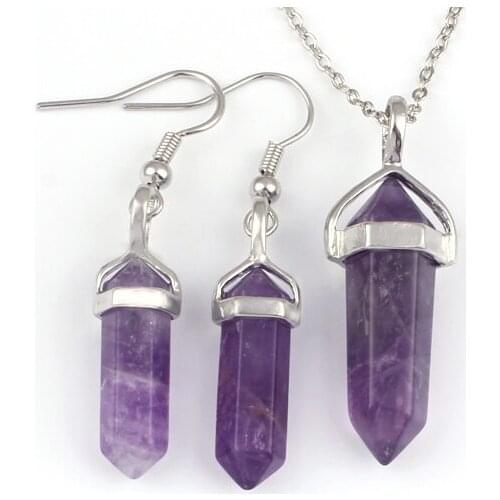 YJXP Silver Plated Cute Small Hexagon Natural Amethysts Pendant Link Chain Necklaces and Drop Earrings Women Charms Jewelry Sets