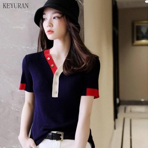 Hit Color Striped Knitwear T-Shirts Women Summer 2021 New Fashion Short Sleeve V Neck Button Slim Casual Knitted Tops Female