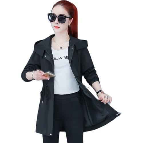 Womens Windbreakers Coat Spring Autumn New Ladies Jacket Slim-Fit Hooded Printed Jacket Mid-Long Elegant Student Female Outcoat