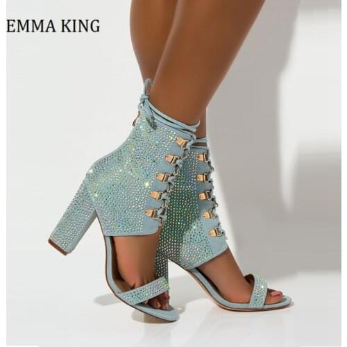 2020 Design Bling Rhinestone Women Sandals Chunky Heels Women Shoes Open Toe Bootas Sandal Lace-up Ankle Wrap Gladiator Sandals