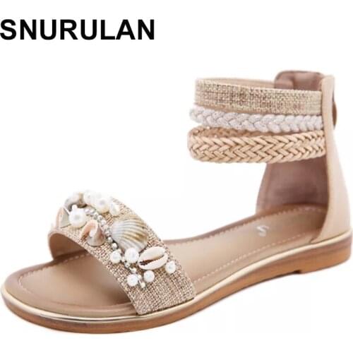 SNURULAN Ethnic Style Womens Sandals Bohemian Shell Beaded Flat-heel Retro Beach Roman Sandals Large Size Womens Shoes 36-42