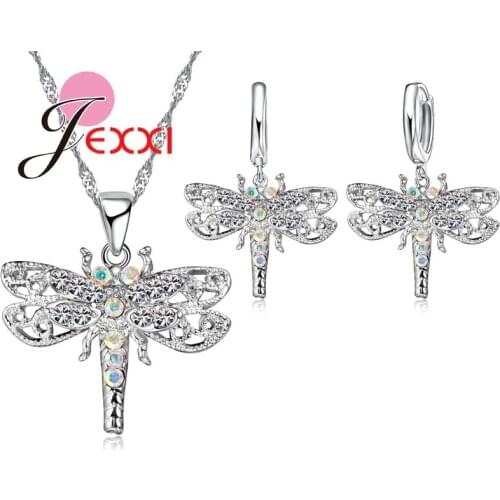 Shinning CZ Crystal Dragonfly Collar Necklace Lovely 3D Animal Ear Earrings 925 Sterling Silver Sets Women Best Gifts