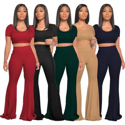 Knitted Long Flare Pants 2 Pieces Sets Women Autumn Outfit Short Sleeve O Neck Crop Top + Trumpet Pants Casual Sport Tracksuit