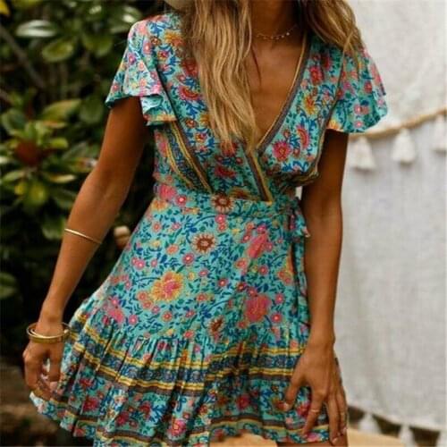 2021 Women V Neck Dress Wrap Summer Boho Floral Paisley Mini Print Dress Ladies Holiday Beach Casual Floral Dress
