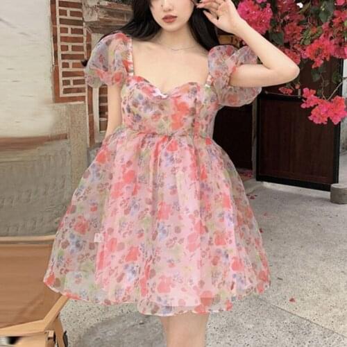 Floral Sweet Princess Dress Women Vintage Puff Sleeve Sexy V-neck Mini Dress Female Evening Party Korean Fairy Dresses 2021 Y2k