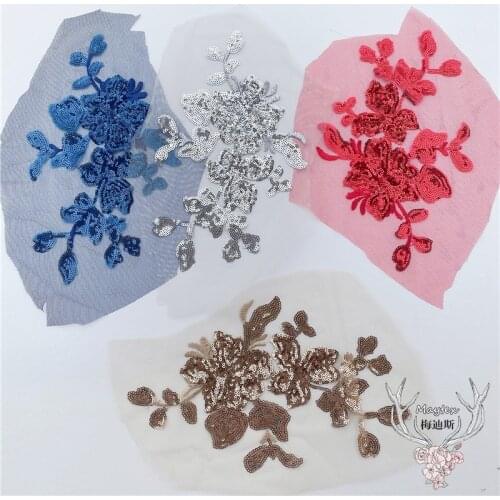1 PC Four-color Sequined Flower Silver Gold Navy Blue Red Applique Evening Lace Fabric Embroidery Patch