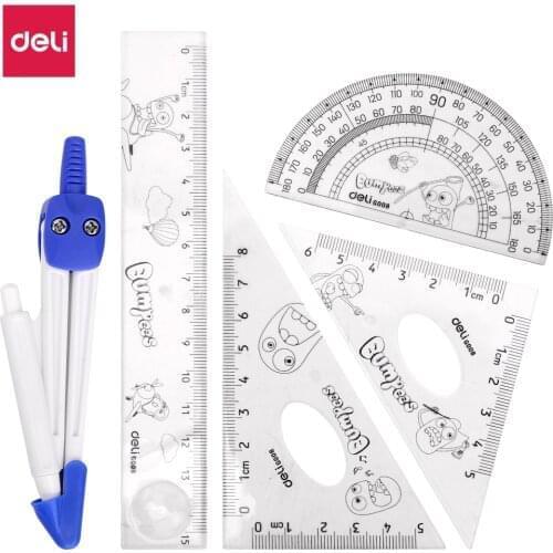 Deli E9598 Drafting set 5pcs Ruler Set Squares Protractor Compass 15cm Transparent