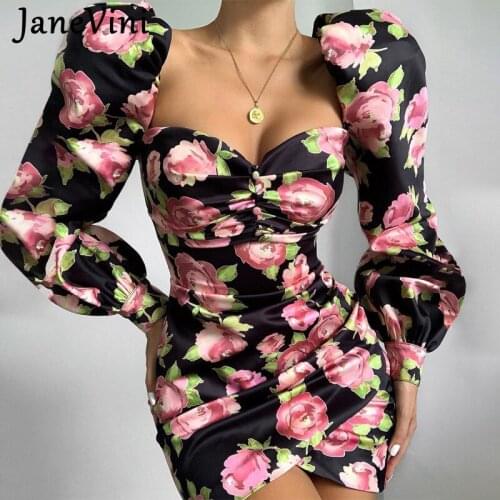 JaneVini 2021 Fashion Women Dress Puff Long Sleeve Rose Floral Print Ruched Mini Dresses Square Collar Bodycon Sexy Party Dress