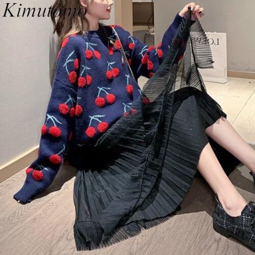 Kimutomo Women Cute Cherry Sweater Winter Korea Chic New Fashion Female O-neck Long Sleeve Outwear Loose Christmas Tops