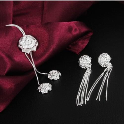 Woman Party wedding fine 925 sterling Silver rose flower necklace earring stud Jewelry set fashion brands charm Christmas gifts