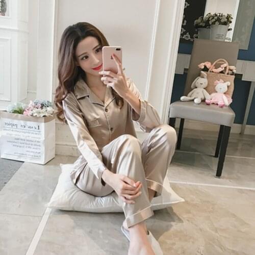 2pcs Women Pajamas Set Sleepwear Silk Satin Top Pant Long sleeve Solid Nightwear Pyjamas Satin Set Nightgown Sleepwear Nuisette