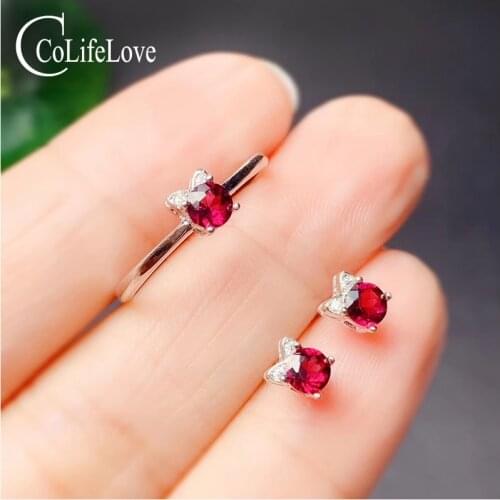 CoLife Jewelry 925 Silver Garnet Jewelry for Young Girl 4mm Natural Garnet Ring and Earrings Set Fashion Gemstone Jewelry Set